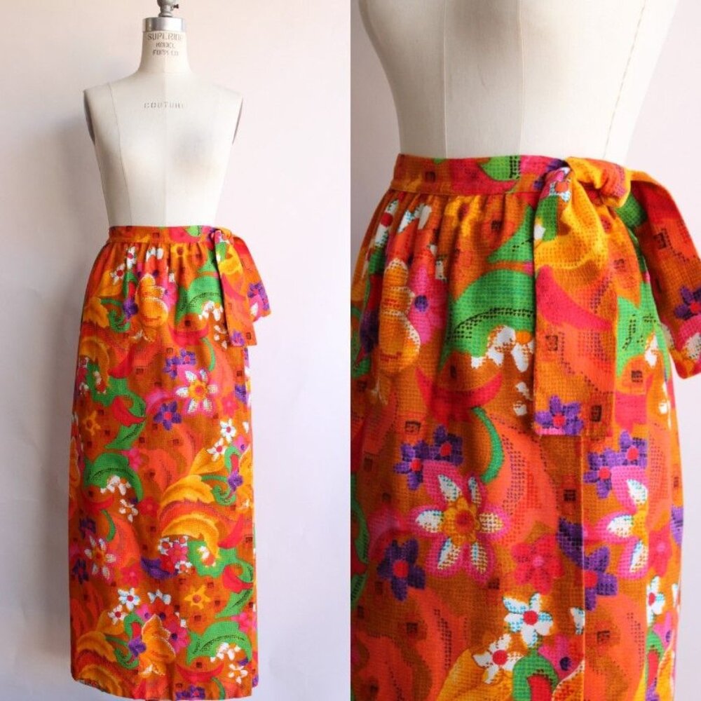 Vintage 1960s Skirt, Beverly Vogue Wrap Maxi Skirt, Tiki Flower Power